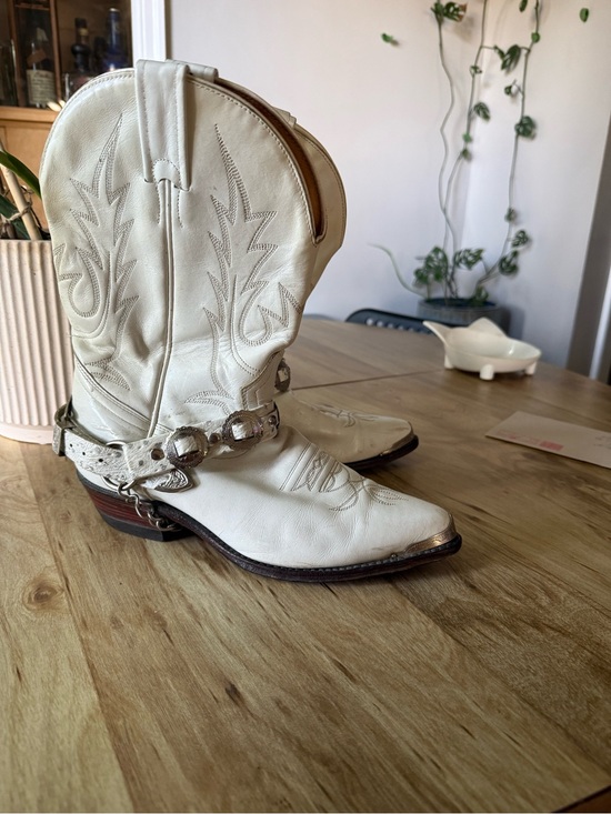Boulet Shoes - White Leather Cowboy Boots with Decorative Harness